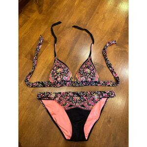 2013 Victoria’s Secret Floral Bikini Set Halter Triangle Top M Bottoms L Boho Sw